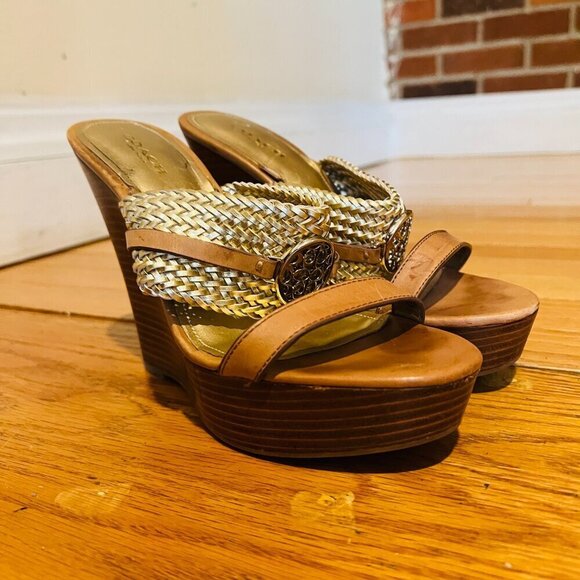Coach Beatriz Women Sz 6.5 Wedge Heel Platform Sandal Gold Tan Brown Slingback - Picture 2 of 16